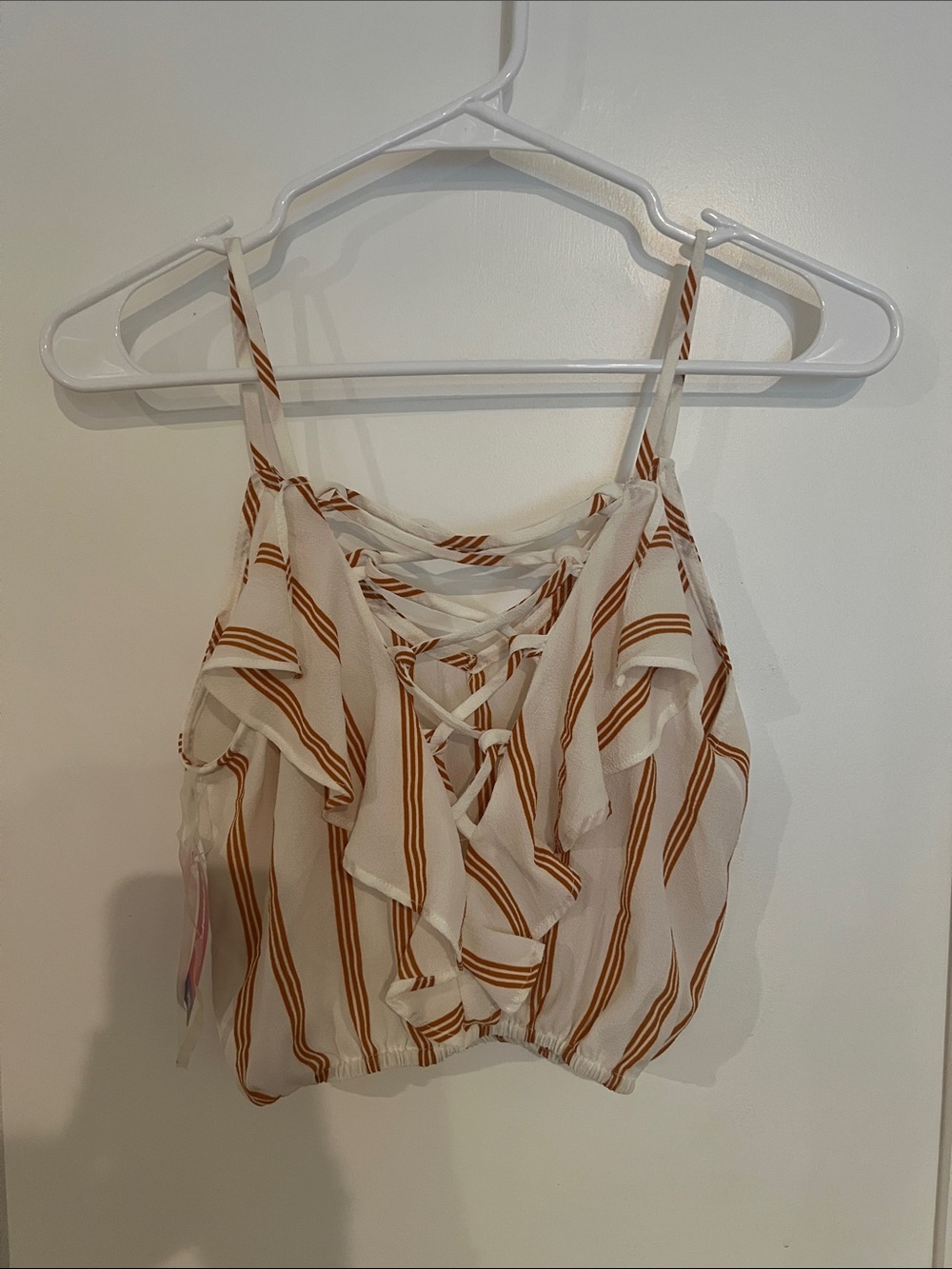 Striped Lace-Up Ruffle Cropped Camisole - White & Brown